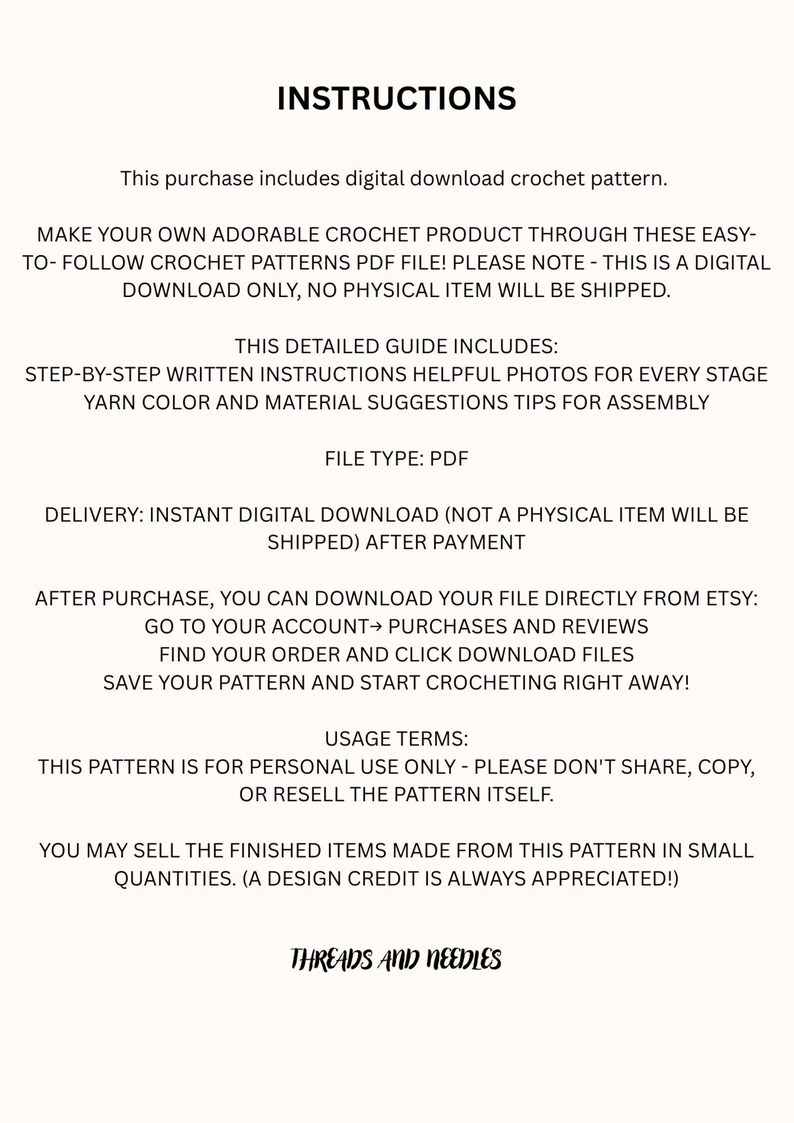 K&ouml;nnte beinhalten: Ein digitaler H&auml;kelmuster-Download mit Anweisungen. Der Text beschreibt den Inhalt des Musters, den Dateityp und die Nutzungsbedingungen. Das Dokument enth&auml;lt auch Anweisungen zum Herunterladen des Musters nach dem Kauf.