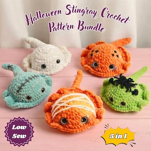 May include: Five crocheted stingray plushies in white, orange, teal, bright orange, and lime green. The text reads "Halloween Stingray Crochet Pattern Bundle", "Low Sew", and "5 in 1". Each stingray features dark plastic eyes and unique yarn details.