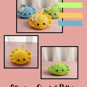 May include: The image showcases a crochet pattern for stingrays. The pattern includes multiple images of finished stingrays in various colors: blue, yellow, and green. Each stingray has a flower embellishment. The text "Stingray Crochet Pattern" is also visible.