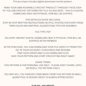 May include: Digital crochet pattern instructions. The text includes details on the digital download, step-by-step instructions, helpful photos, yarn color suggestions, and usage terms. The file type is PDF.