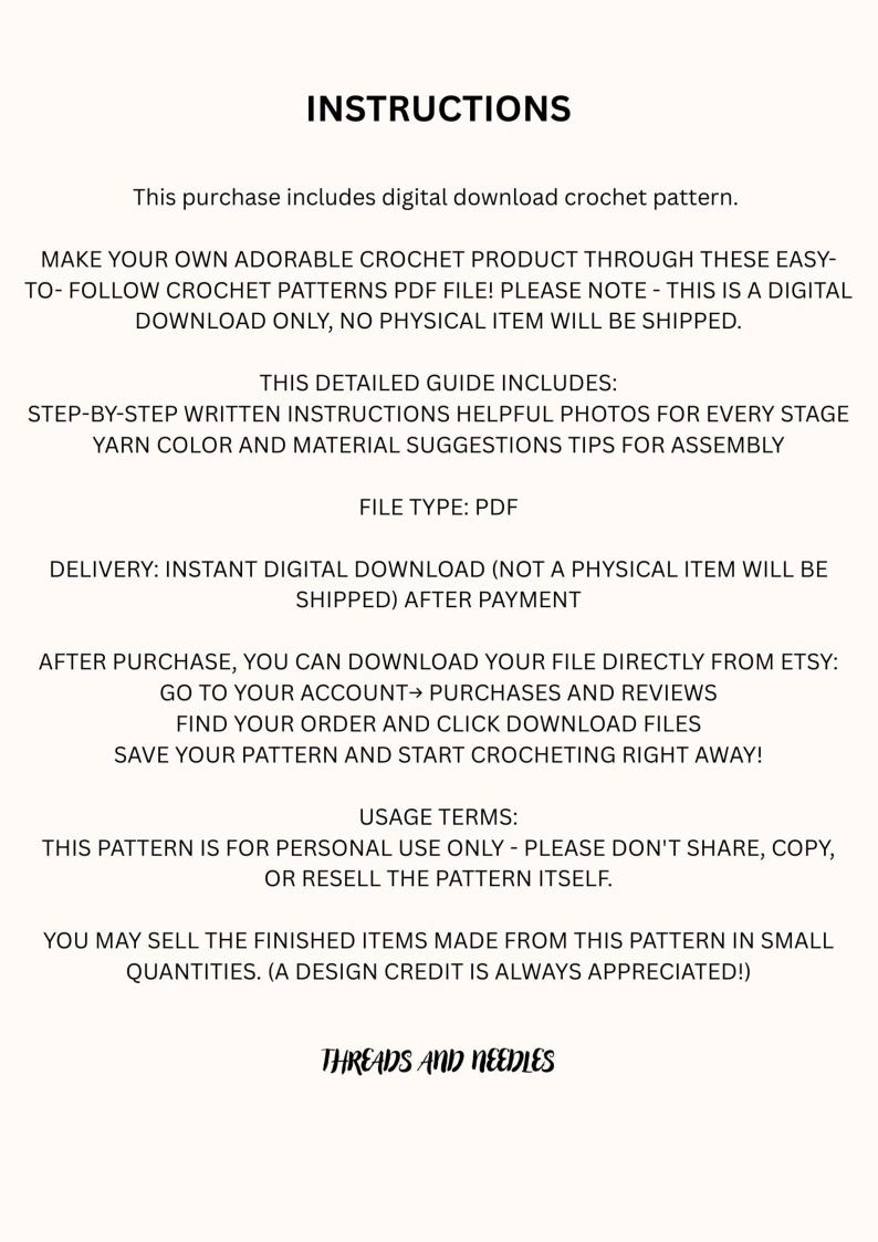 May include: Digital crochet pattern instructions. The text includes details on the digital download, step-by-step instructions, helpful photos, yarn color suggestions, and usage terms. The file type is PDF.