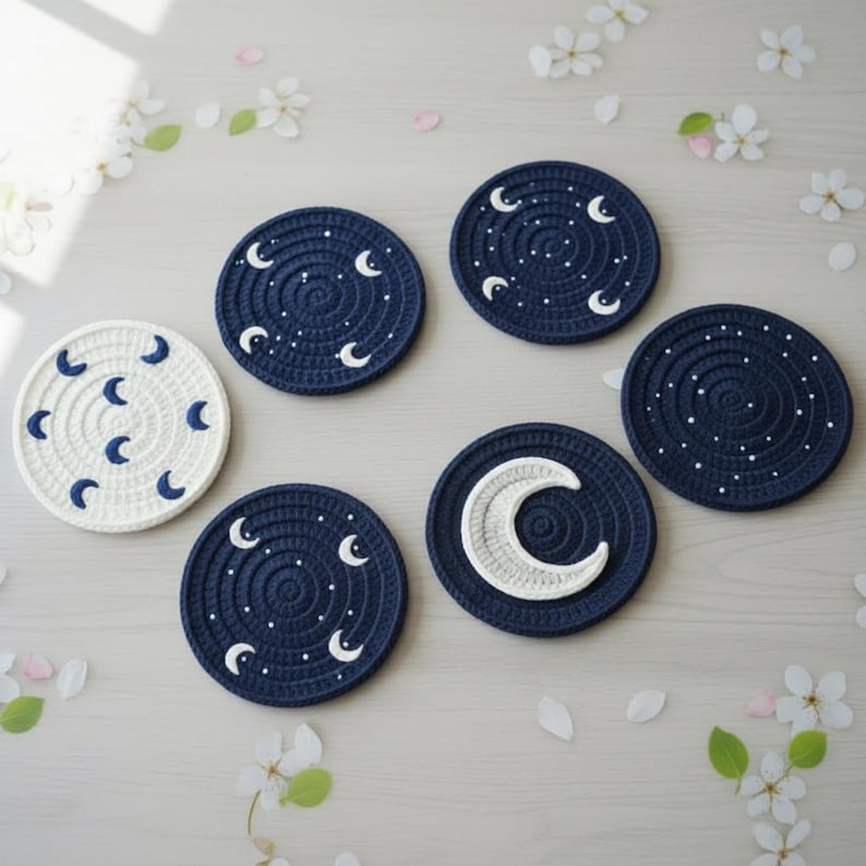 Moon Rug Coaster Celestial Crochet Coasters Pattern 4 in 1 PDF | Minimalist Moon Star ...