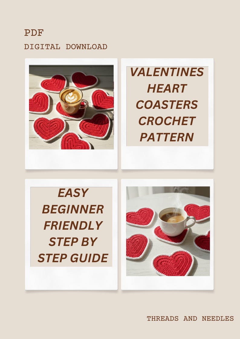 K&ouml;nnte beinhalten: Ein digitales Download-Muster f&uuml;r herzf&ouml;rmige H&auml;keluntersetzer zum Valentinstag. Das Bild zeigt rote Herzuntersetzer mit wei&szlig;er Umrandung, eine Kaffeetasse und den Text "Easy Beginner Friendly Step by Step Guide."