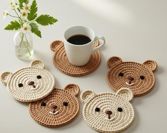 Bear Face Crochet Coaster Pattern, Beginner friendly crochet PDF, Amigurumi Mug Rug, Cute Teddy Bear Animal Home Decor Digital Pattern
