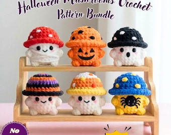 Halloween-Pilz-Häkelanleitung (PDF), 6-in-1-Schnellprojekt ohne Nähen, Häkelanleitung für einen Pilz-Plüsch, süße und gruselige Halloween-Deko zum Selbermachen