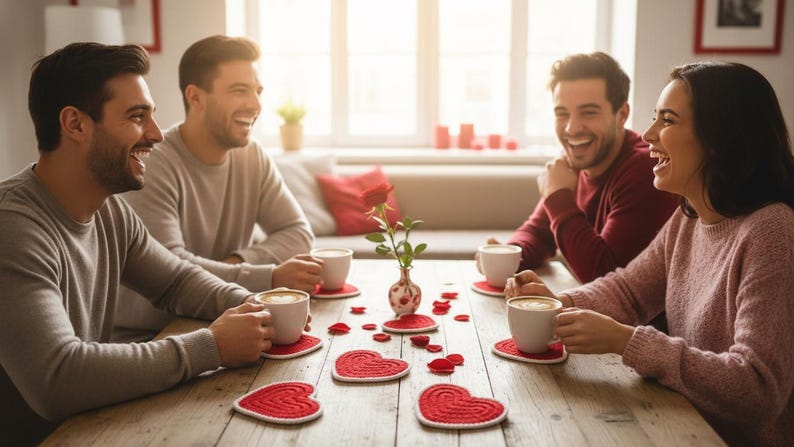 K&ouml;nnte beinhalten: Vier Personen sitzen lachend um einen Holztisch und halten Kaffeetassen. Rote herzf&ouml;rmige Untersetzer und Rosenbl&auml;tter schm&uuml;cken den Tisch. Eine Vase mit einer Rose steht in der Mitte, was auf ein romantisches Thema hindeutet.