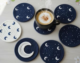 Celestial Crochet Coasters Pattern 4 in 1 PDF | Minimalist Moon Star Coasters | Beginner Friendly Digital |Modern Neutral Home Decor Crochet