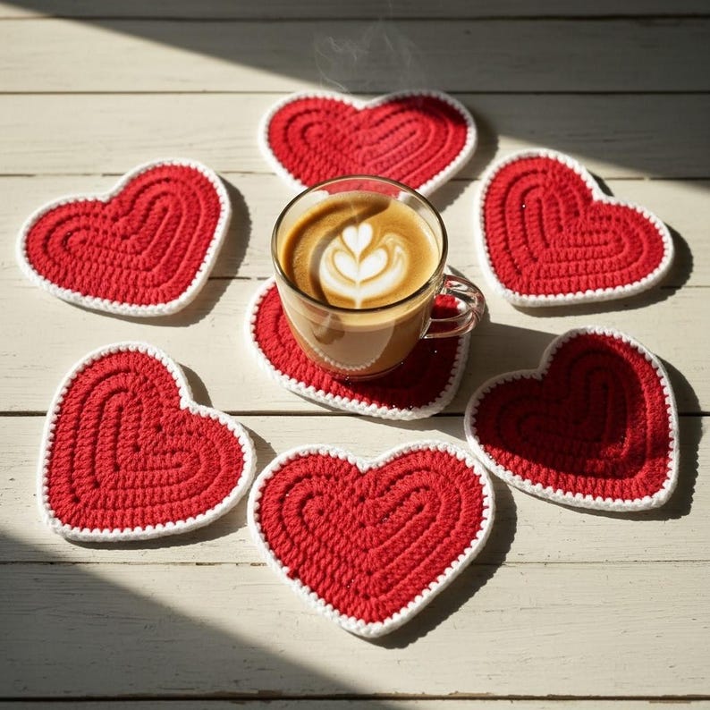 K&ouml;nnte beinhalten: Eine Kaffeetasse mit Latte Art steht auf einem roten herzf&ouml;rmigen Untersetzer. Sechs weitere rote herzf&ouml;rmige Untersetzer mit wei&szlig;em Rand umgeben die Tasse. Die Untersetzer sind aus einem strukturierten, geh&auml;kelten Material.