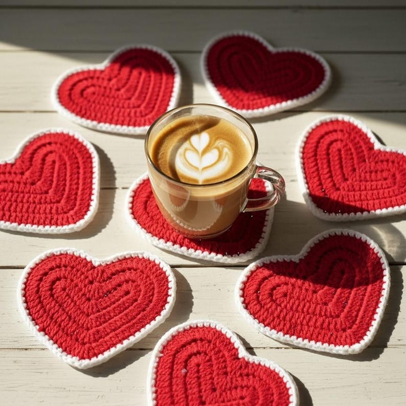 K&ouml;nnte beinhalten: Eine klare Glastasse Kaffee mit Latte Art steht auf einem roten herzf&ouml;rmigen Untersetzer. Mehrere rote herzf&ouml;rmige Untersetzer mit wei&szlig;em Rand umgeben die Tasse. Die Untersetzer sind aus geh&auml;keltem Material.