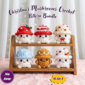 May include: Six crocheted mushroom figures displayed on a two-tier wooden shelf. The text reads Christmas Mushrooms Crochet Pattern Bundle, No Sew, and 6 in 1. Each figure has a unique cap design, including red, striped, cream, blue, and gingerbread styles.