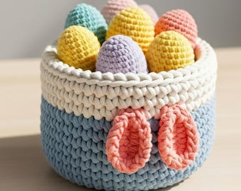 Easter Egg Bunny Basket/Bucket Amigurumi Crochet Pattern (PDF), Easy Bunny & Egg Basket Crochet Patterns, Crochet Egg Holder Guide (English)