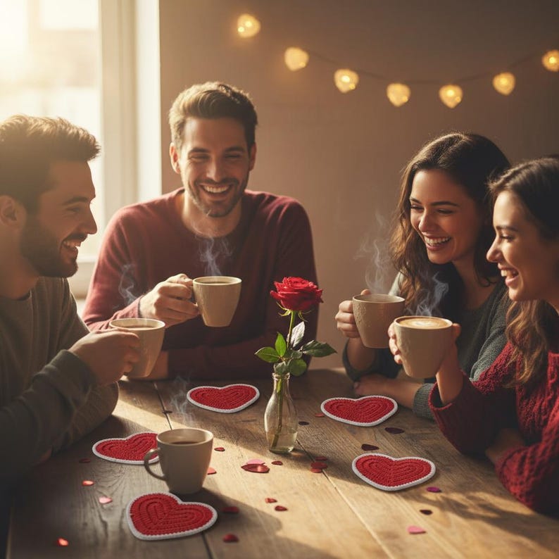 K&ouml;nnte beinhalten: Eine Gruppe von Menschen sitzt an einem Holztisch und genie&szlig;t Kaffee. Rote herzf&ouml;rmige Untersetzer mit wei&szlig;em Rand liegen auf dem Tisch. Eine rote Rose in einer Vase sorgt f&uuml;r eine romantische Note. Die Szene wird von warmem Licht beleuchtet.