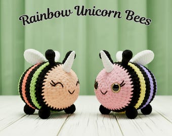 Crochet Bumble Bee Pattern PDF 2 in 1, Unicorn Bee Amigurumi, Rainbow Plush Bee, Kawaii Bee Crochet, Easy Beginner Honey Bee Pattern DIY