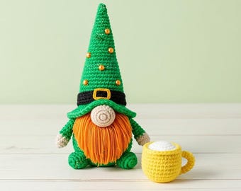 St Patricks Day Crochet Gnome with Mug Amigurumi Patterns, Crochet Patterns Irish Gnomes PDF, St Patricks Day Crochet Gnomes Amigurumi Decor