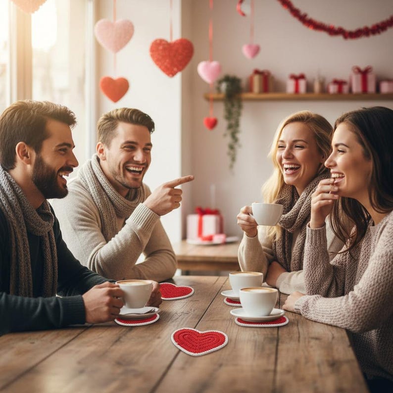 K&ouml;nnte beinhalten: Vier Personen lachen an einem Holztisch, jede h&auml;lt eine wei&szlig;e Kaffeetasse. Rote herzf&ouml;rmige Untersetzer liegen auf dem Tisch. Herzf&ouml;rmige Dekorationen h&auml;ngen von der Decke, was auf ein Valentinsthema hindeutet.