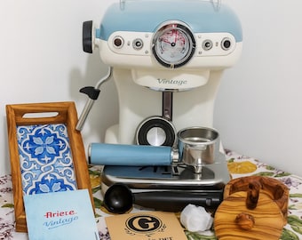 Coffret café vintage Ariete Celeste + plateau et sucrier en bois d'olivier – Fabriqué en Italie – Cadeau pour la maison et la cuisine – Idée cadeau de Noël.