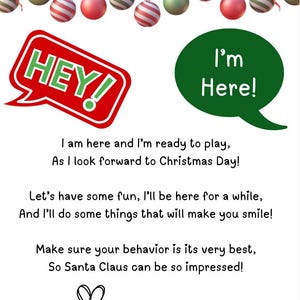 May include: A festive Christmas-themed graphic with hanging ornaments and text. The image features speech bubbles with the phrases "HEY!" and "I'm Here!" along with holiday-themed text. A heart and star border complete the design.