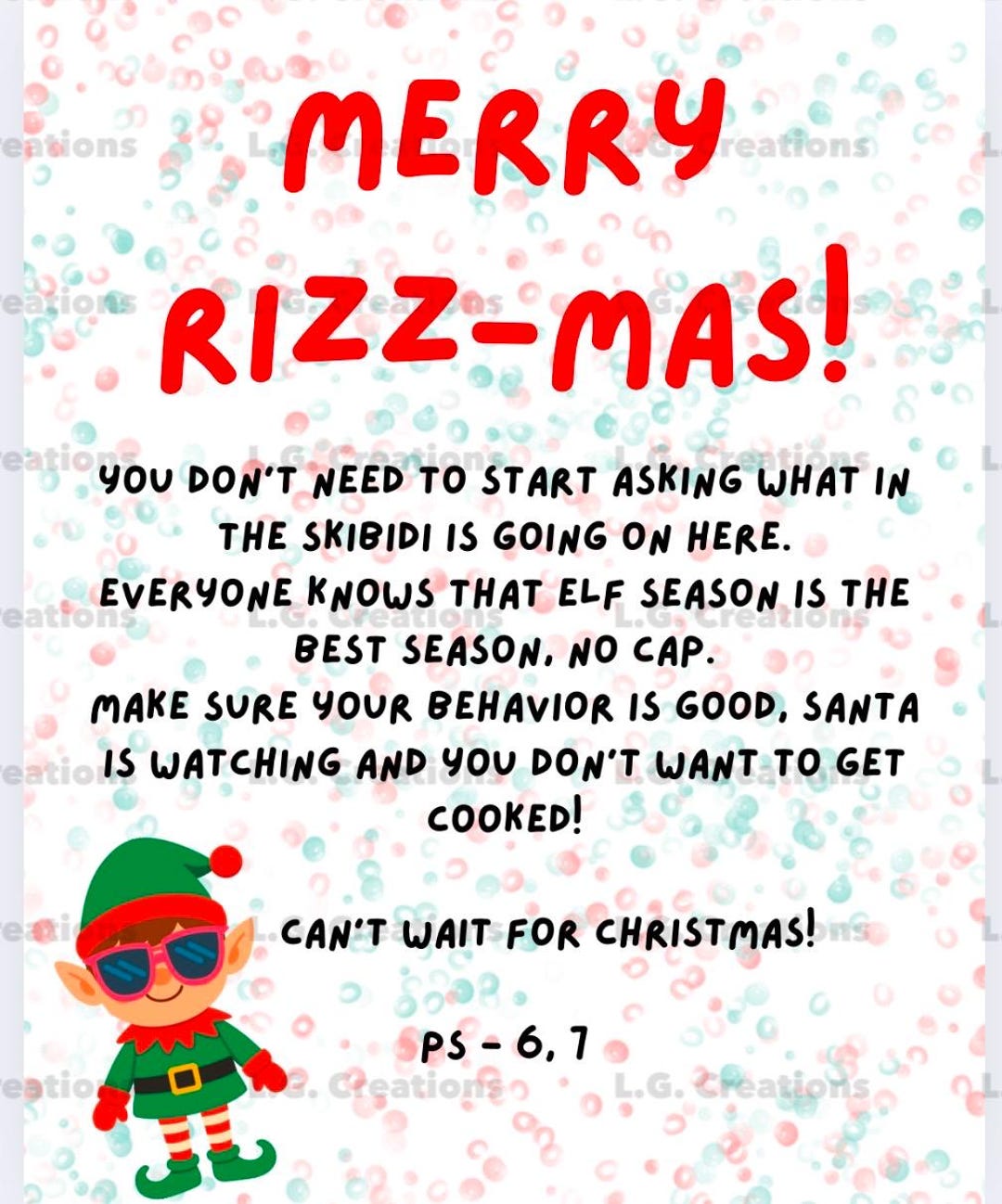 Elf Letter Rizzmas, No Cap, Cooked, Skibidi, 6 7 - DIGITAL DOWNLOAD - Etsy