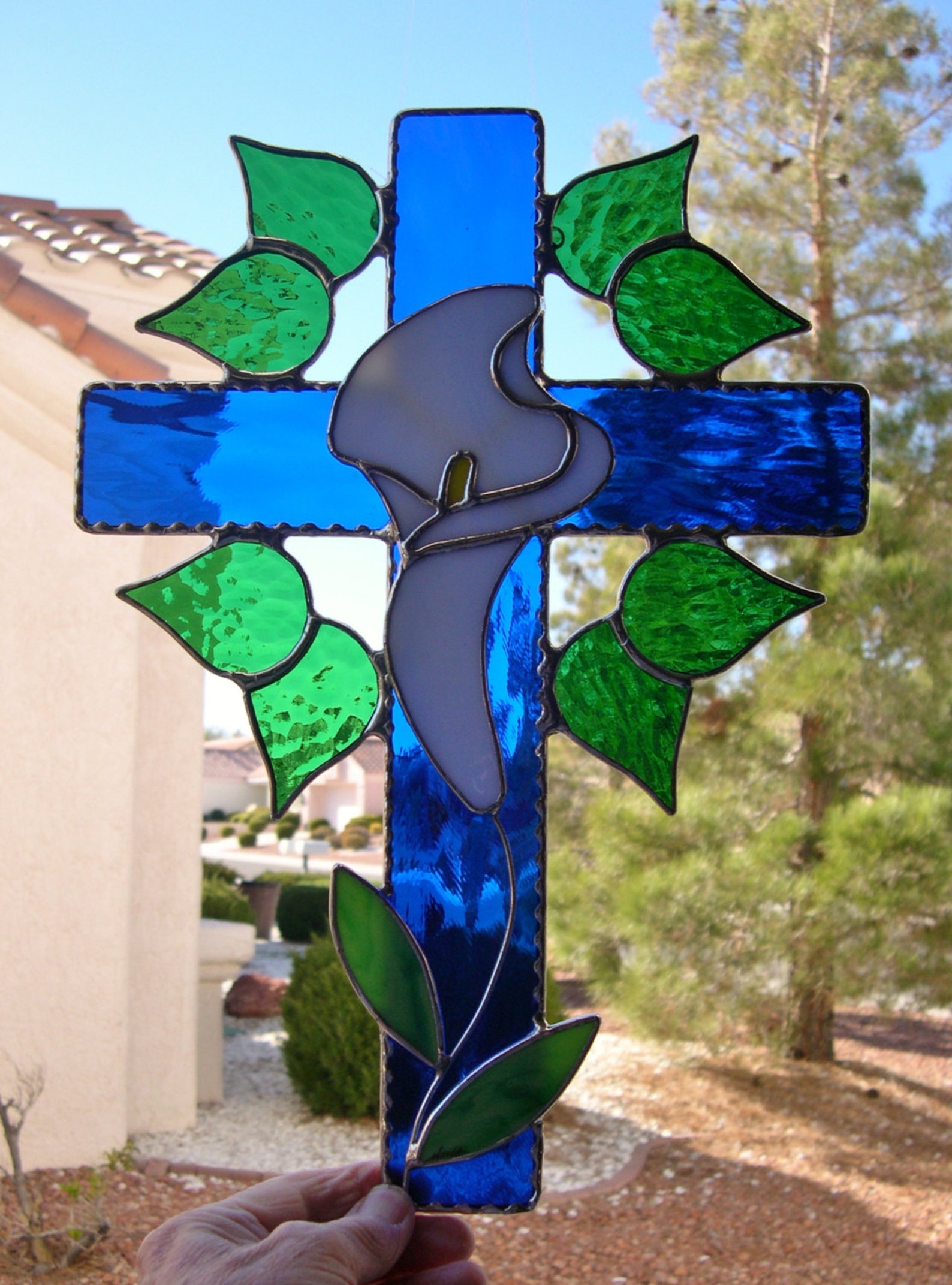 Stained Glass Suncatcher Cross With Lily 319 Etsy