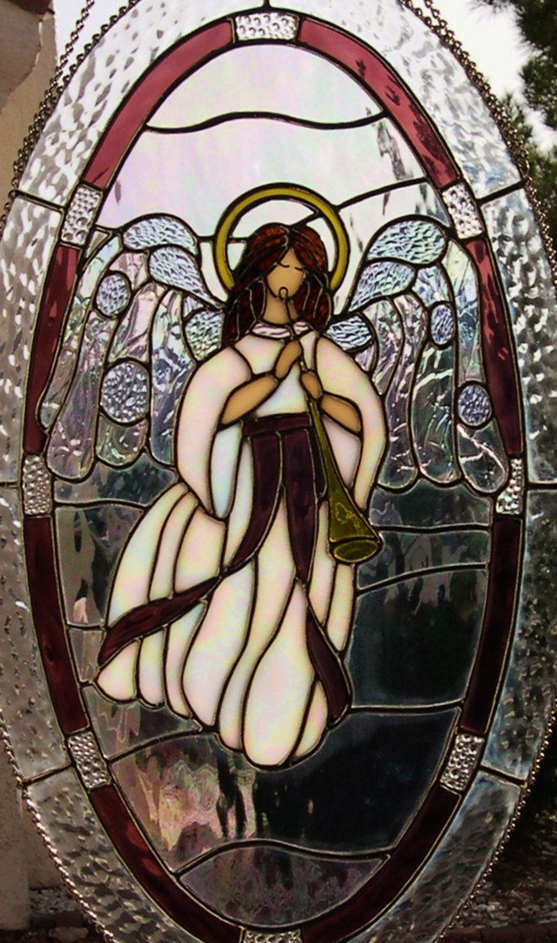 Stained Glass Angel with Halo Playing the Horn 795 | Etsy
