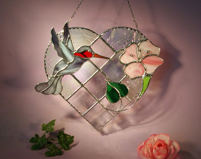 Stained Glass Suncatcher Hummingbird With Heart and Flower 617 Etsy