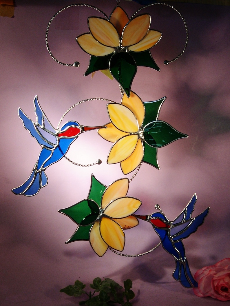Stained Glass Suncatcher Hummingbirds with Flowers 412 Etsy