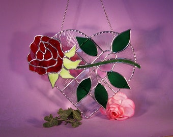 Stained Glass Suncatcher Heart with Rose   (1046)