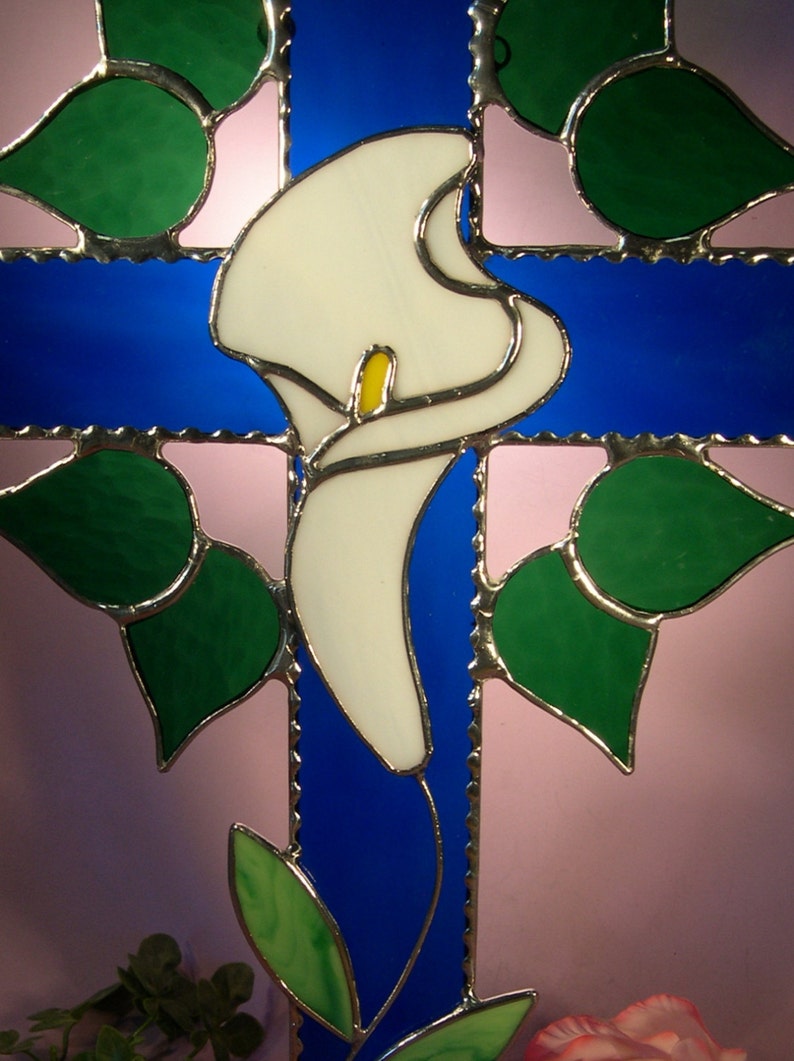 Stained Glass Suncatcher Cross With Lily 319 Etsy