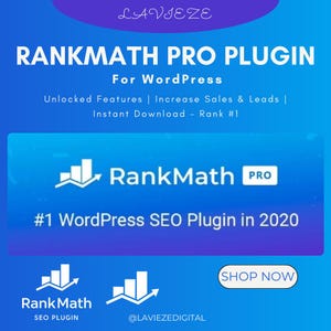 Könnte beinhalten: Ein blau-weißes Bild, das für das RankMath Pro Plugin für WordPress wirbt. Das Bild enthält den Text "RankMath Pro Plugin", "For WordPress" und "#1 WordPress SEO Plugin in 2020". Das Bild enthält auch den Text "Shop Now".