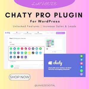 May include: Promotional image for the Chaty Pro Plugin for WordPress. The image shows the Chaty logo, a screenshot of the plugin's interface, and the text "Chat with your visitors via their favourite messaging channels."