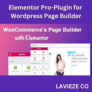 Puede incluir: Imagen promocional de Elementor Pro-Plugin para Wordpress Page Builder. La imagen muestra capturas de pantalla de sitios web con elementos de WooCommerce y una mujer con una camisa rosa. El texto incluye "ALLERGIKA®- Softhandcreme".