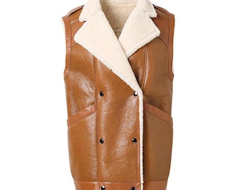 Chaleco de piel de oveja para mujer / Abrigo motero sin mangas color camel / Lavieze London