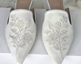 Personalized Suede Bridal Mules, Embroidered Wedding Slippers, Handmade Bride Shoes with Custom Name Pouch