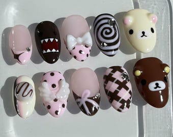 Kawaii Teddy Bear Press On Nails: Plaid and Monster Teeth