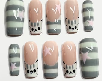 Gray Tabby Cat Press On Nails | Pastel Star Handmade False Nails