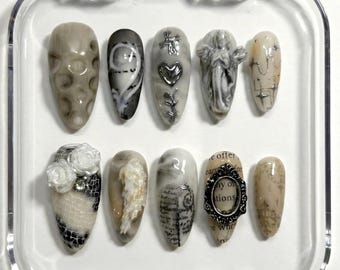 Baroque Goth Press On Nails: 3D Angel Wings and Rose Charms