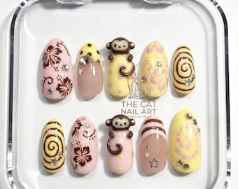 Y2K Retro Tropical Press On Nails: 3D Monkey and Brown Hibiscus Flower | Vacation Nails