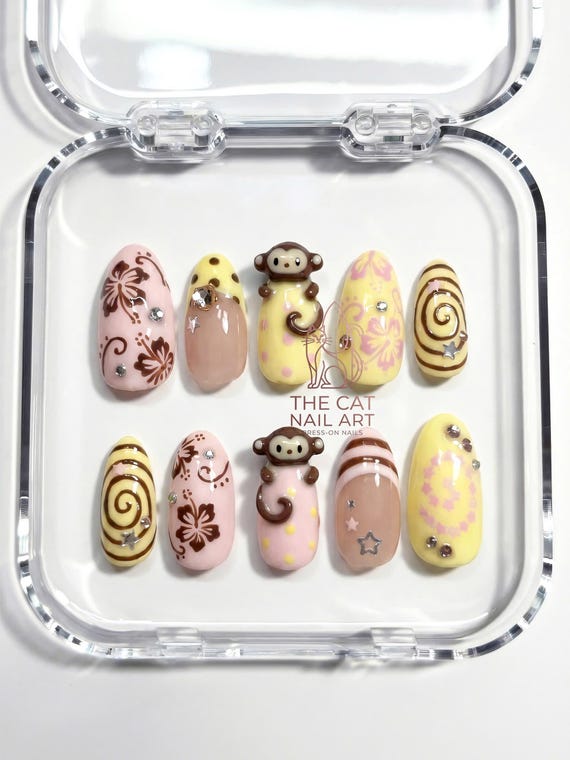 Y2K Retro Tropical Press On Nails: 3D Monkey and Brown Hibiscus Flower | Vacation Nails
