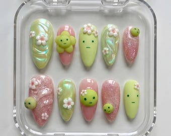 Dreamy Blossom Press On Nails: Pink Green Shimmer Floral Character Art