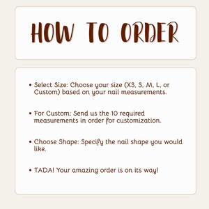 May include: A graphic with the text "HOW TO ORDER" in brown script. Below, instructions are listed: select size, choose custom measurements, choose shape, and a final note "TADA! Your amazing order is on its way!"