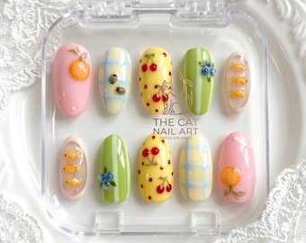 Cottagecore Summer Fruit Press On Nails: Handpainted 3D Jelly Orange Cherry Blueberry