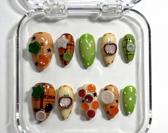 Autumn Patchwork Press On Nails: 3D Apple Buttons and Cozy Fall Plaid