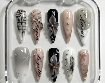 Dark Grunge Press On Nails: Messy Scribble, Spiderweb & 3D Texture