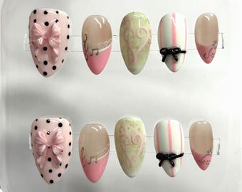 Handmade Pink Kawaii Press On Nails with Polka Dots, 3D Ribbon & Pastel Stripes