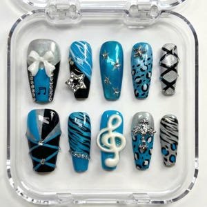 Y2K Scene Kid Press On Nails | Teal Zebra Cheetah, 3D Music Note & Star