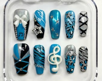 Unghie finte Y2K Scene Kid / Zebra, Ghepardo, Nota musicale 3D e Stella