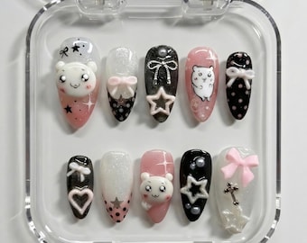 Kawaii Bear Press On Nails | 3D Bow, Glitter Star Nails