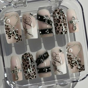 Gothic Leopard Press On Nails: Chrome Cross Rosary Chain and Studded Strap Art