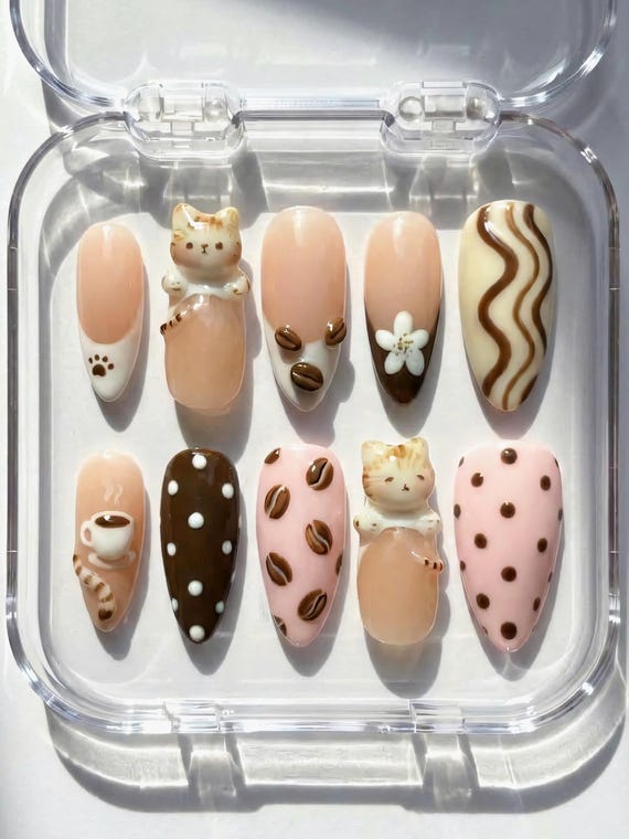 3D Kawaii Cat Coffee Bean Press On Nails – Polka Dot Paw Print Design