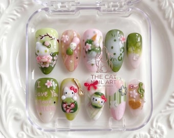 Matcha Dessert Press On Nails: 3D Kitty Dango Parfait Sakura Flower